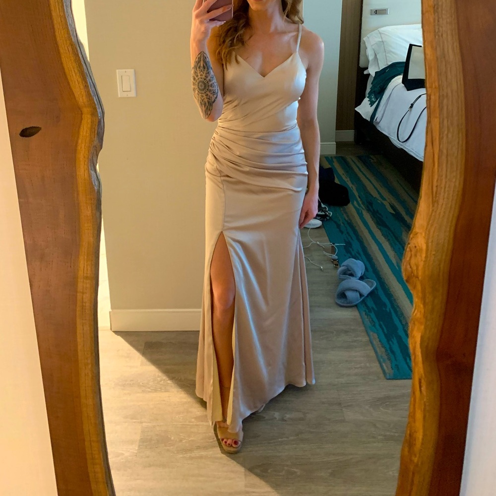 Rory satin dress in champagne gold, size 4
